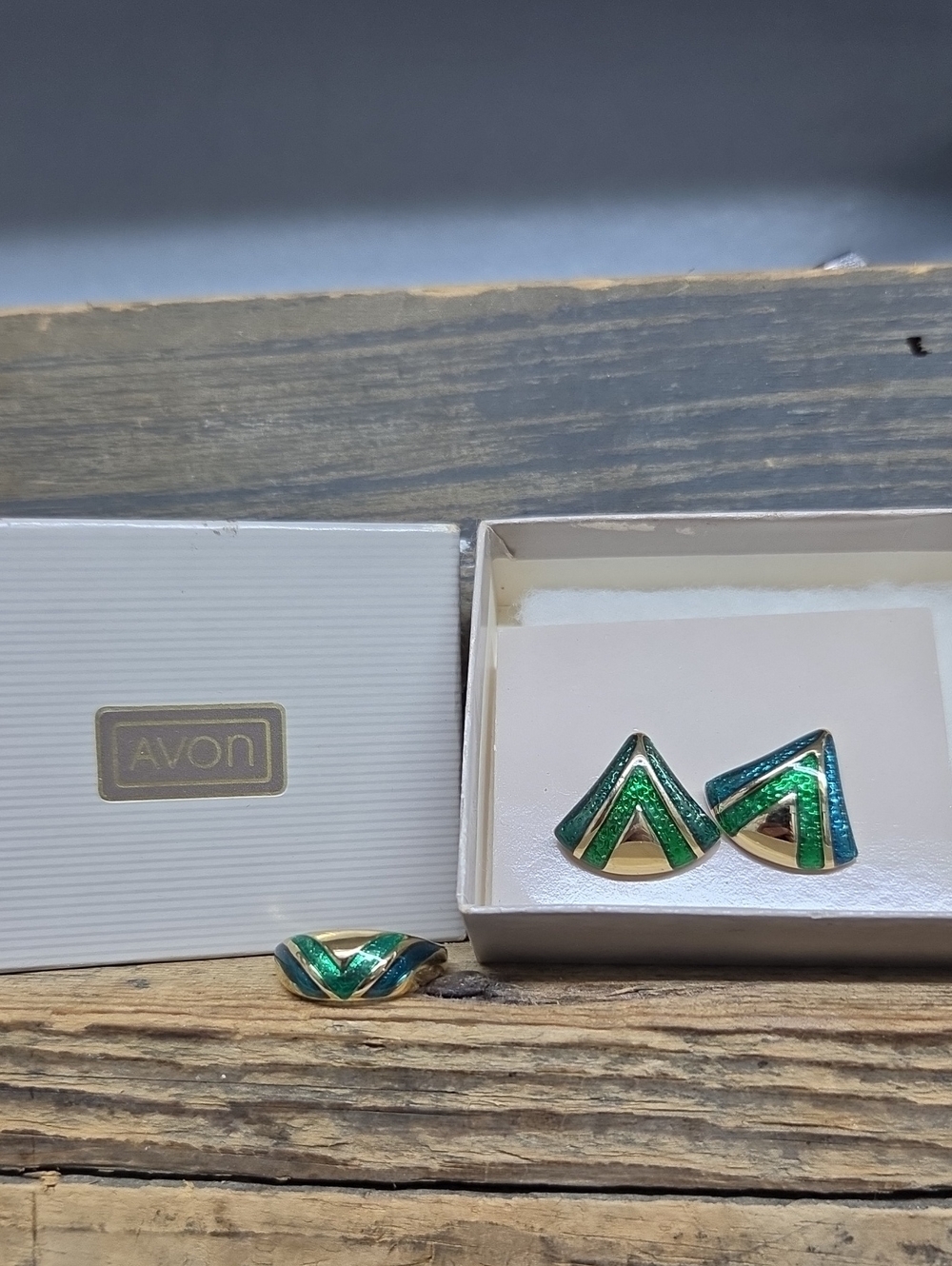Vintage Avon Green Enamel Earrings and Ring Set